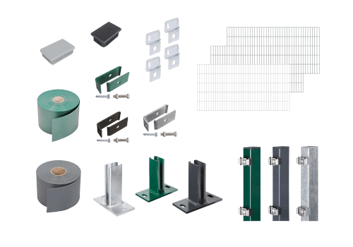 Verschiedene Zaunbefestigungsmaterialien und Zubehörteile auf weißem Hintergrund
