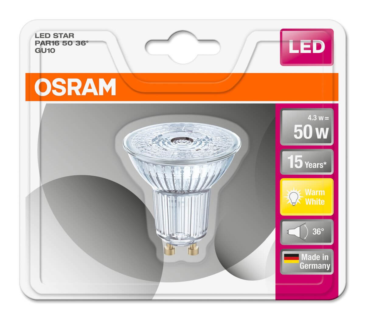 Osram LED Star PAR16 50, 4,3W = 50W, 350 lm, GU10, 36°, Warmweiß (2700 K), Reflektor Produktabbildung 2