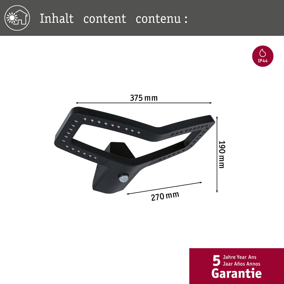 Paulmann LED Wandleuchte Alara in Anthrazit 10W 450lm IP44 mit Bewegungsmelder und Dämmerungssensor Produktabbildung 10