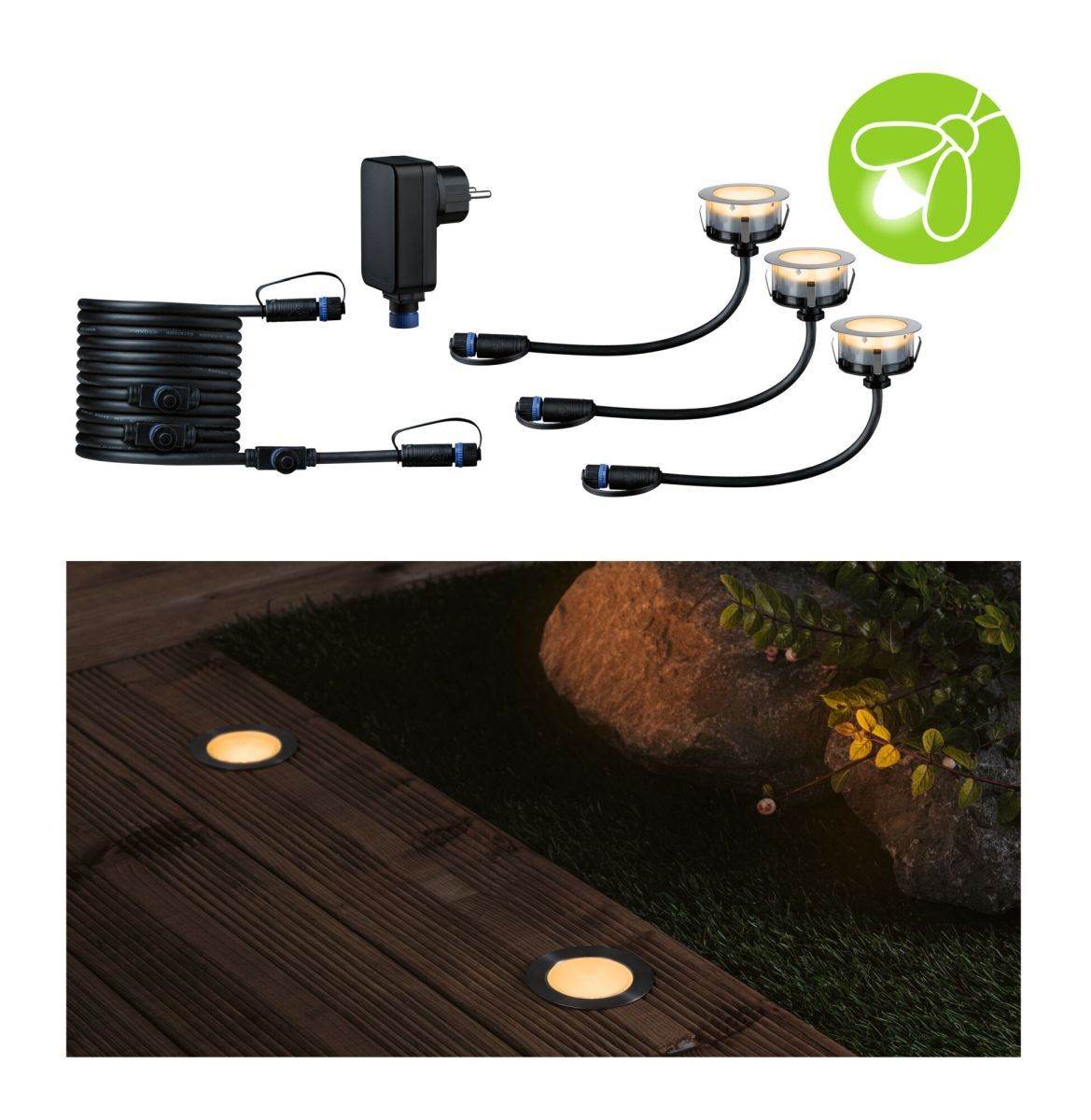 Paulmann Plug & Shine LED Bodeneinbauleuchte Floor Basisset, 3er-Set, Ø 70 mm, 2 W, 90 lm, 2200 K Produktabbildung