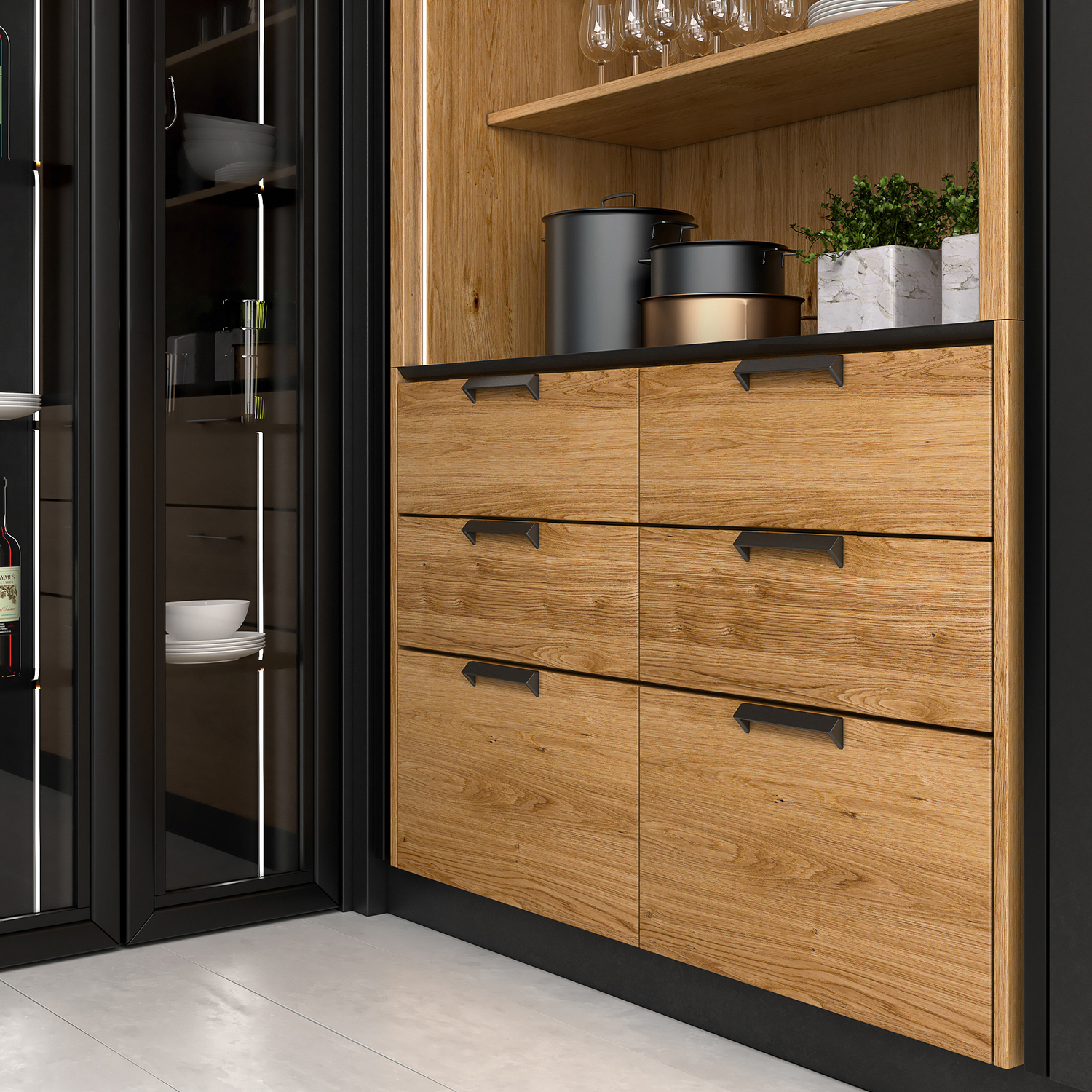 Moderne Küche mit Holzschränken und Glastüren