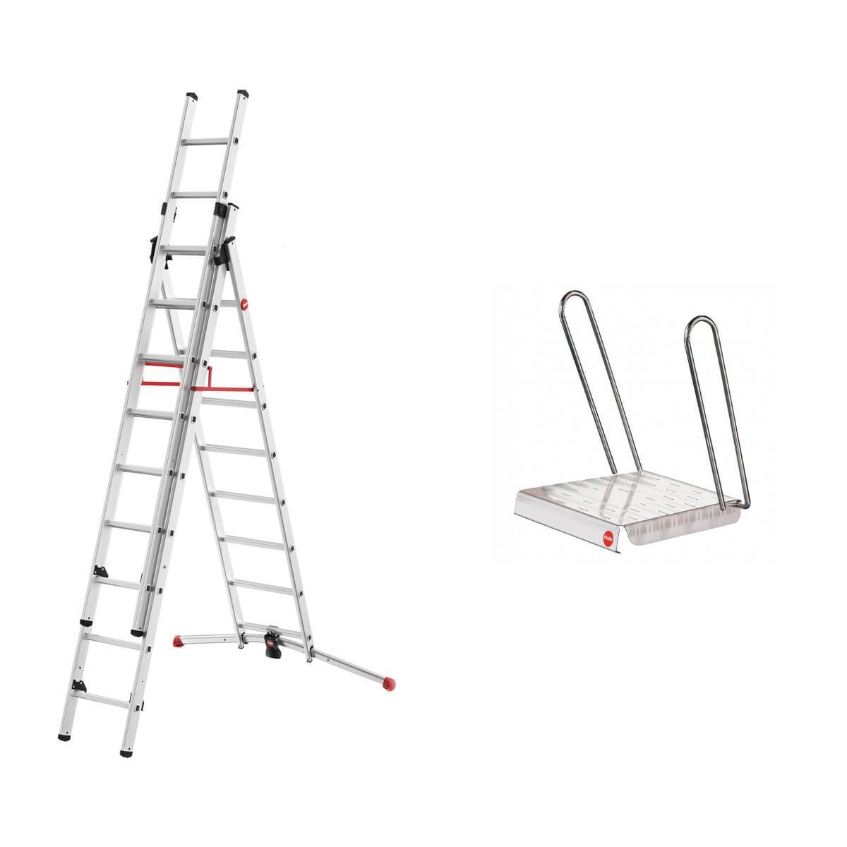 Hailo ProfiLOT Aluminium-Teleskopleiter mit gratis Einhängetritt, Kombi-Leiter 2 x 9 + 1 x 8 Stufen Produktabbildung