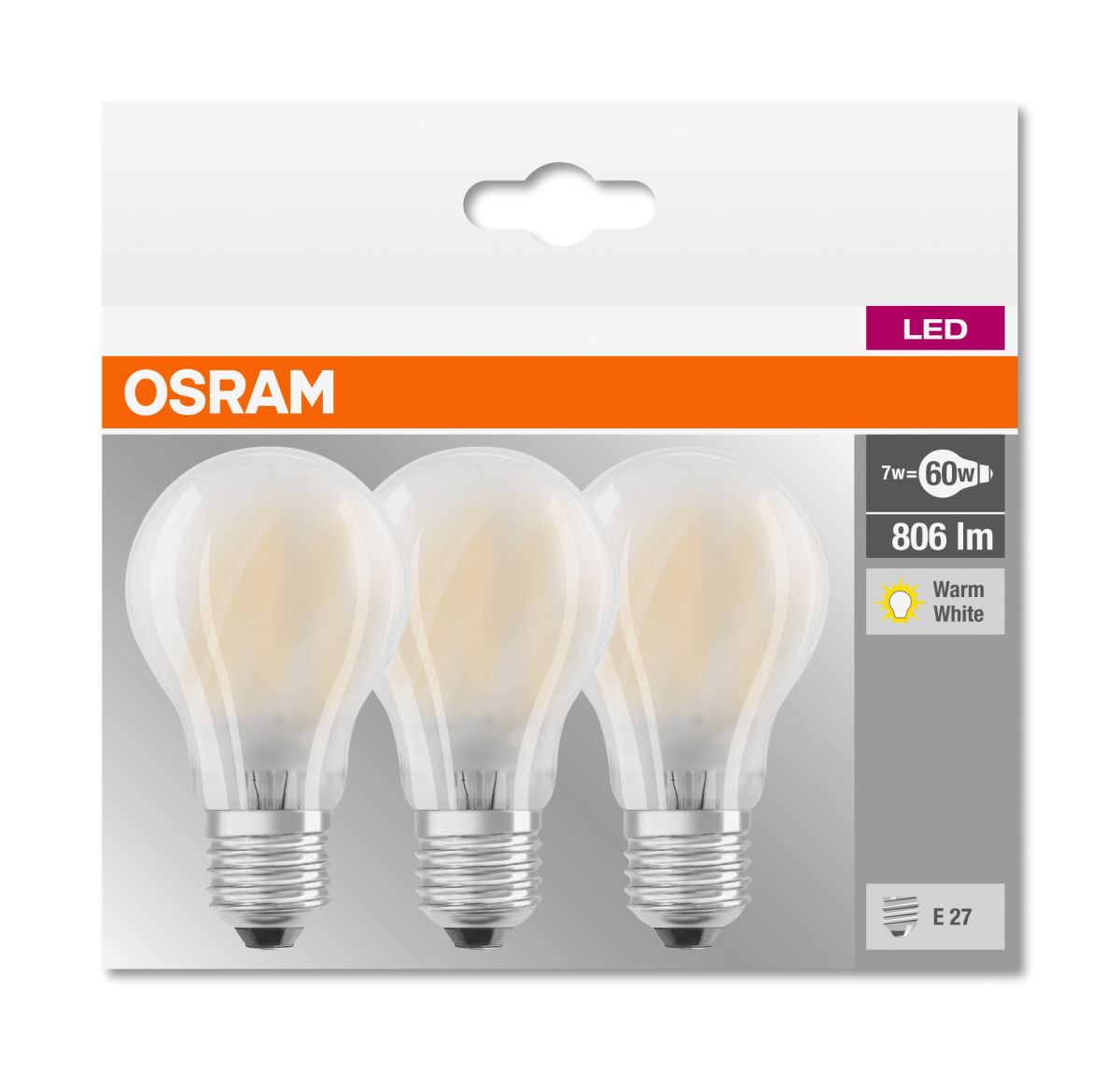 Osram 3er Pack LED BASE CLASSIC A60 7W = 60W E27 Lampe 806lm 2700K Warmweiß Produktabbildung 2