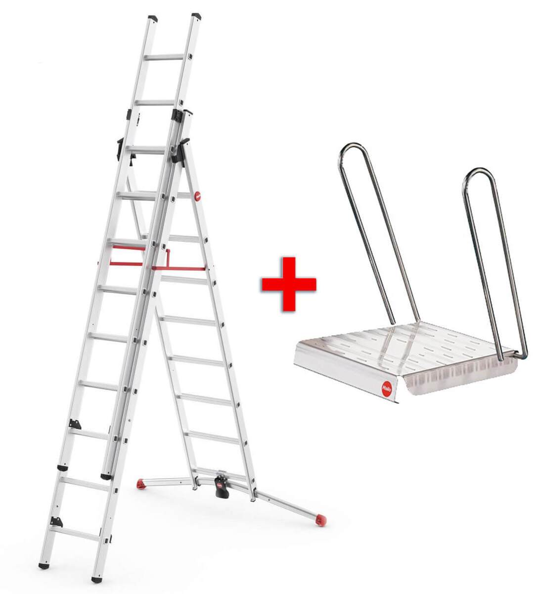 Hailo 2A-Ware ProfiLOT Aluminium-Teleskopleiter, gratis Einhängetritt, Kombi-Leiter 2x9 + 1x8 Stufen Produktabbildung