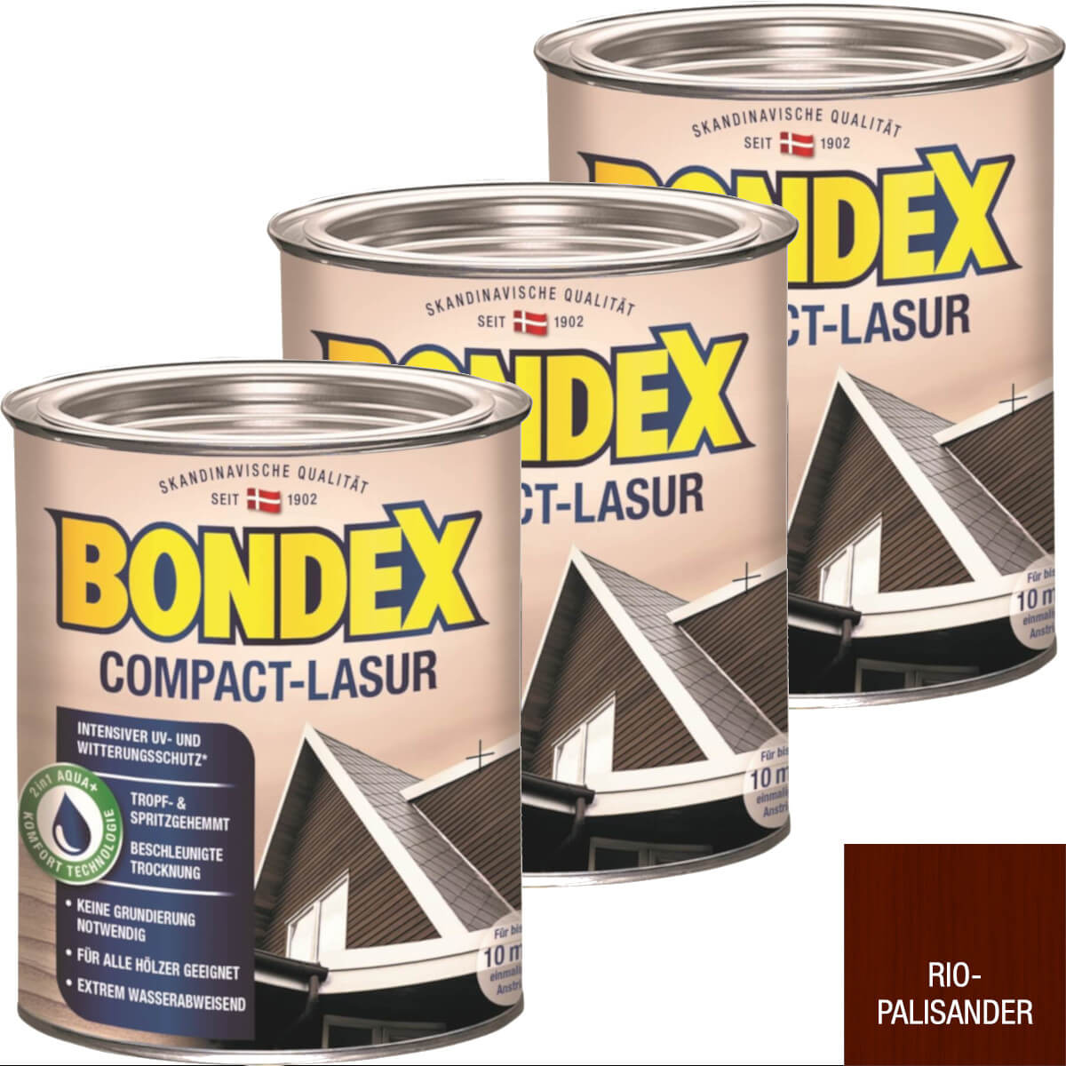 BONDEX Compact-Lasur, 3 x 0,75l, wasserbasiert, keine Grundierung notwendig, extrem wasserabweisend, 8 Farben, 3er-Set Produktabbildung