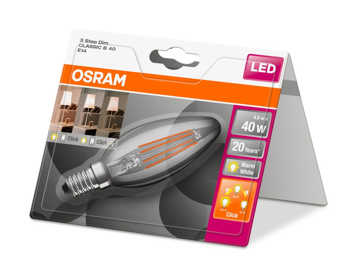 Osram LED 3 Step Dim Classic B 40, 4W = 40W, 470 lm, E14, Klar, Warmweiß (2700 K), Kerze, dimmbar Produktabbildung 5