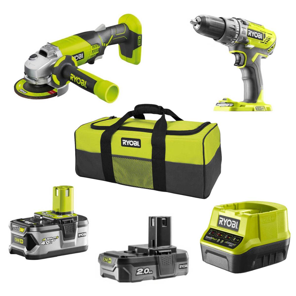 Ryobi 2er Combo-Set Akku-Schlagbohrschrauber + Akku-Winkelschleifer | inkl 2 Akkus & Ladegerät Produktabbildung