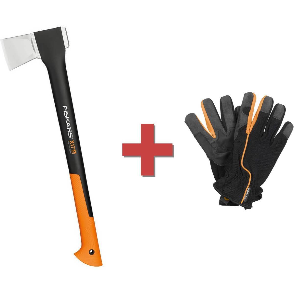 Fiskars Spaltaxt X17-M + Arbeitshandschuhe | Sicheres Spalten von Holz | Atmungsaktiv Produktabbildung 1