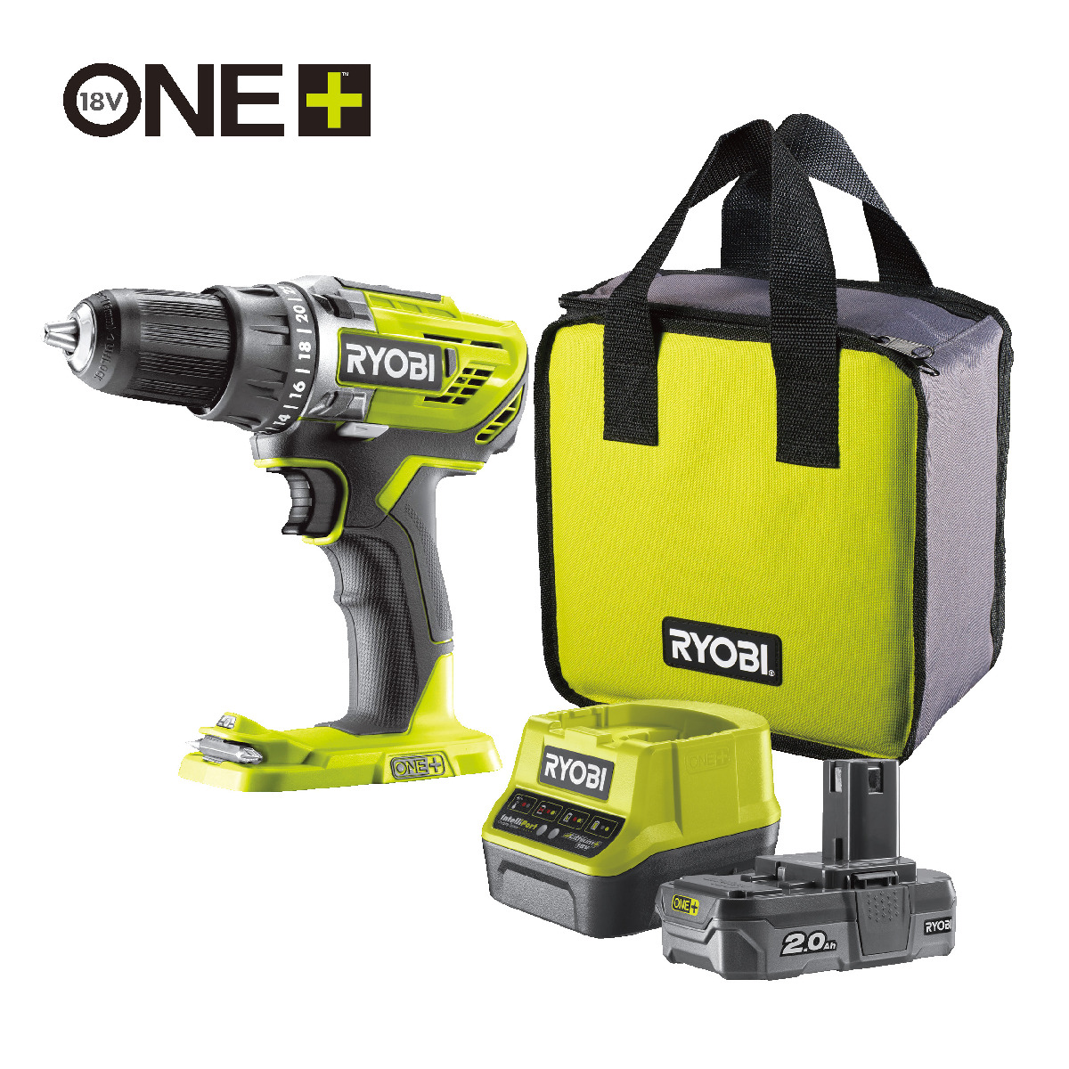 Ryobi Akku-Bohrschrauber 18 V ONE+, 50 Nm Drehmoment, 1x 2,0 Ah Akku & 2,0 A Ladegerät, R18DD3-120S Produktabbildung