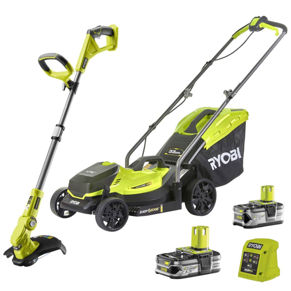 RYOBI Garten Combo-Set ONE+ mit Rasentrimmer, Rasenmäher, Schnellladegerät, 4,0 Ah & 2,5 Ah Akku Produktabbildung