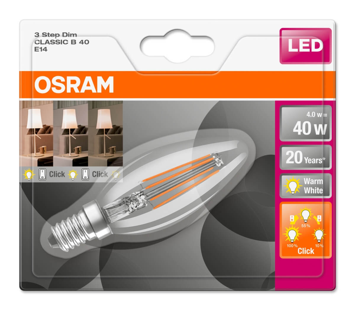 Osram LED 3 Step Dim Classic B 40, 4W = 40W, 470 lm, E14, Klar, Warmweiß (2700 K), Kerze, dimmbar Produktabbildung 2