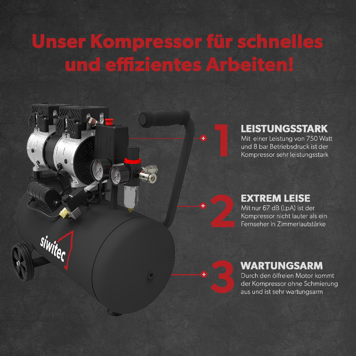 B-Ware siwitec Flüsterkompressor mit 750W, 24L Kessel, 67dB, 8bar, Druckluftkompressor, Kompressor Produktabbildung 4