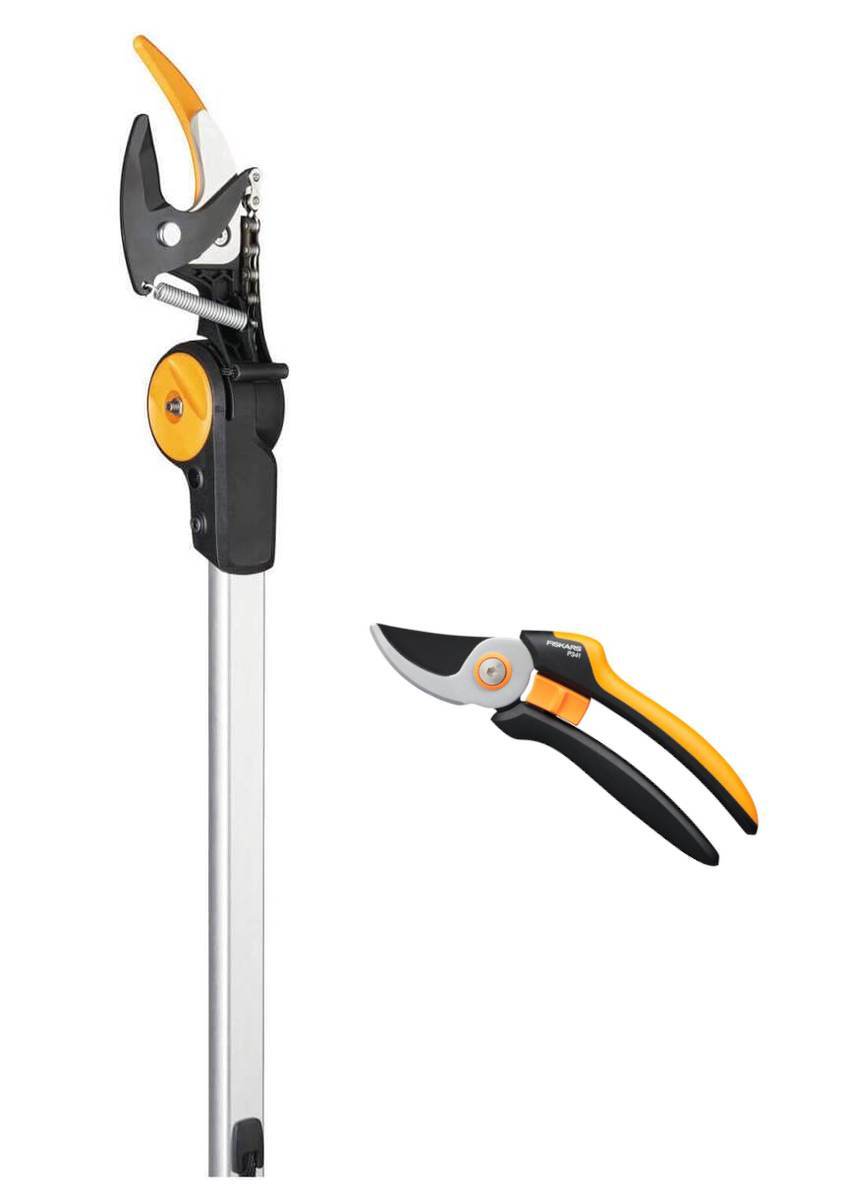 Fiskars Set PowerGear Teleskop-Schneidgiraffe UPX86 und Bypass-Gartenschere P341 Produktabbildung