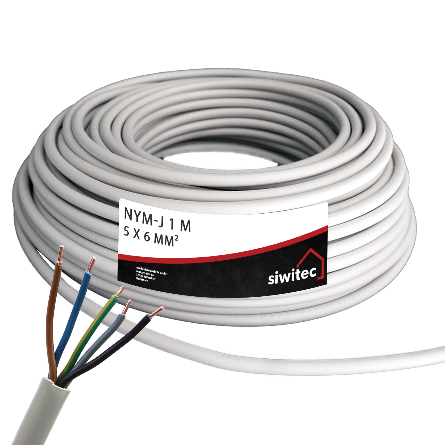 siwitec NYM-J 5x6 mm² 1 m Kabel, PVC Mantelleitung, Zuschnitt auf Wunschlänge, Feuchtraumkabel Produktabbildung