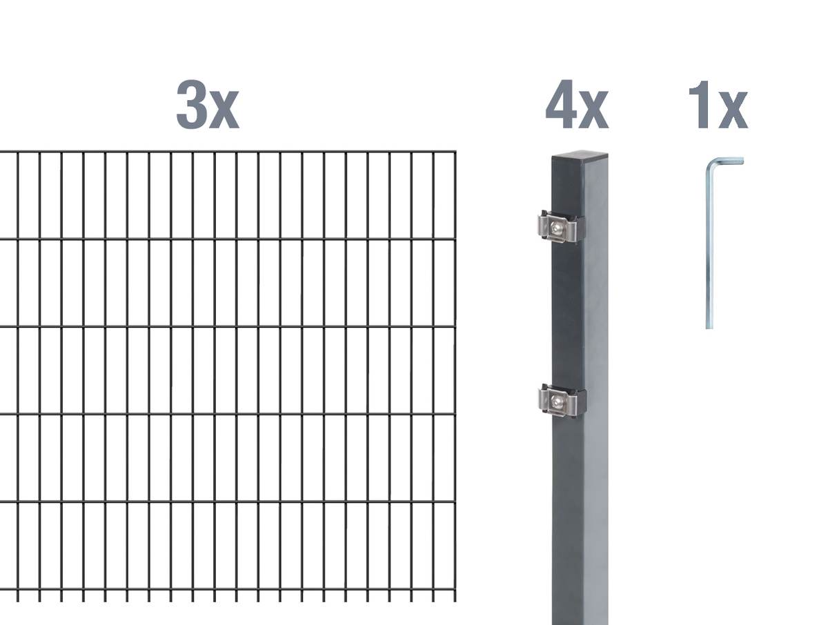 Alberts Komplettset Doppelstabmattenzaun, Anthrazit, Mattenbreite 2 m, 80 cm hoch, 6 m lang Produktabbildung