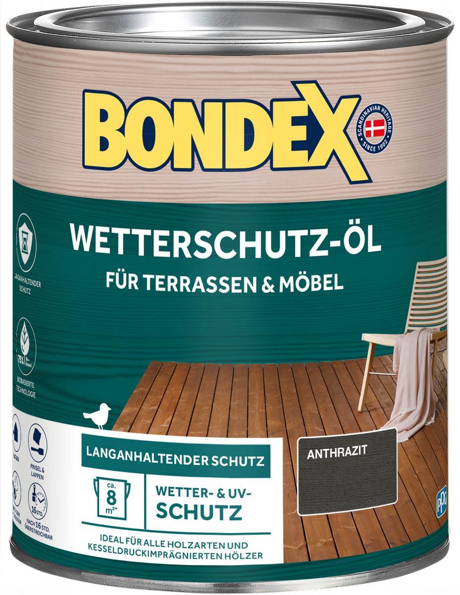 BONDEX Wetterschutz-Öl für Aussen, UV-Schutz, matt, wasserabweisend, Anthrazit, 0,75 l Produktabbildung
