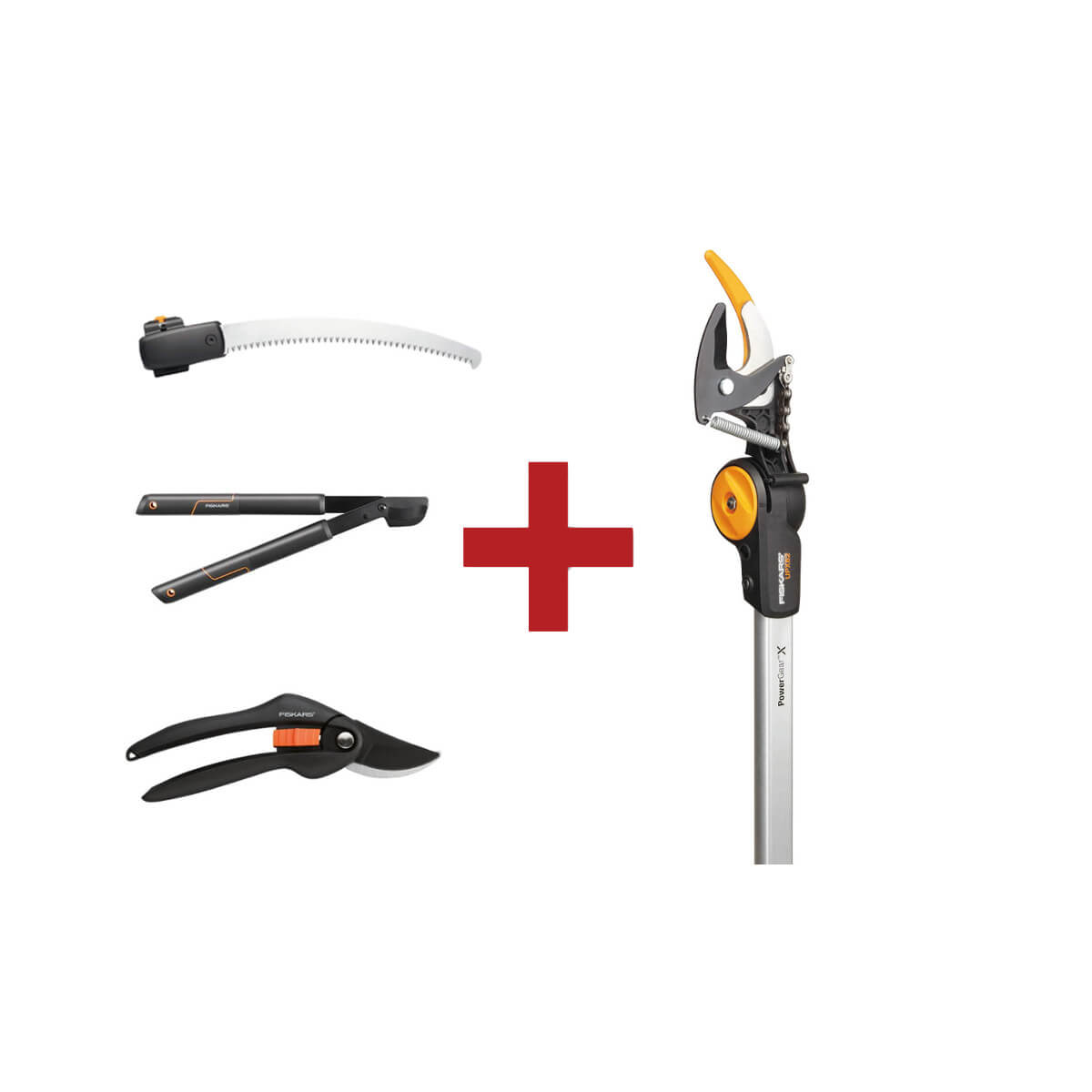 Fiskars-Set aus Schneidgiraffe UPX82 + Baumsäge UPX80+ Astschere L28 + Gartenschere P26 Produktabbildung