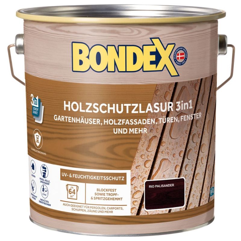 Bondex Holzschutzlasur 3in1 außen, 4L für 64 m², Seidenmatt, UV-&Feuchtigkeitsschutz, Rio-Palisander Produktabbildung