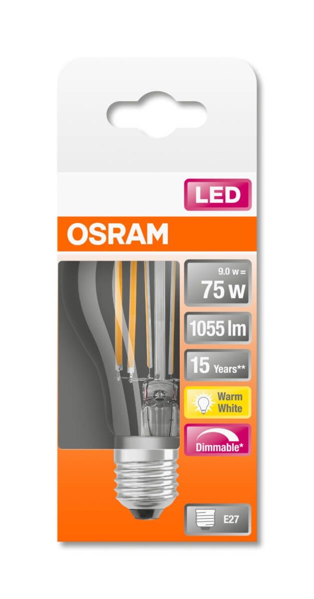 Osram LED SUPERSTAR Classic A75, 9W = 75W, 1055 lm, E27, klar, Filament, Warmweiß (2700 K) Produktabbildung 2