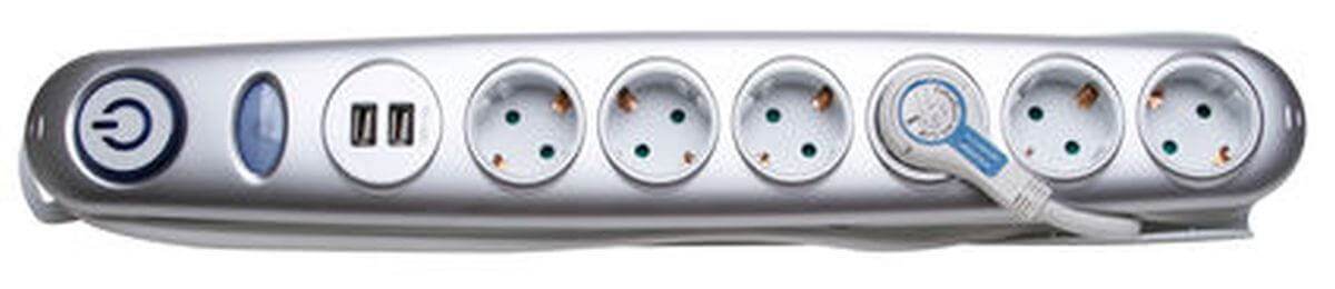 Kopp 6-Fach Steckdosenleiste Silber mit Flachstecker, Überspannungsschutzfilter & Berührungsschutz Produktabbildung