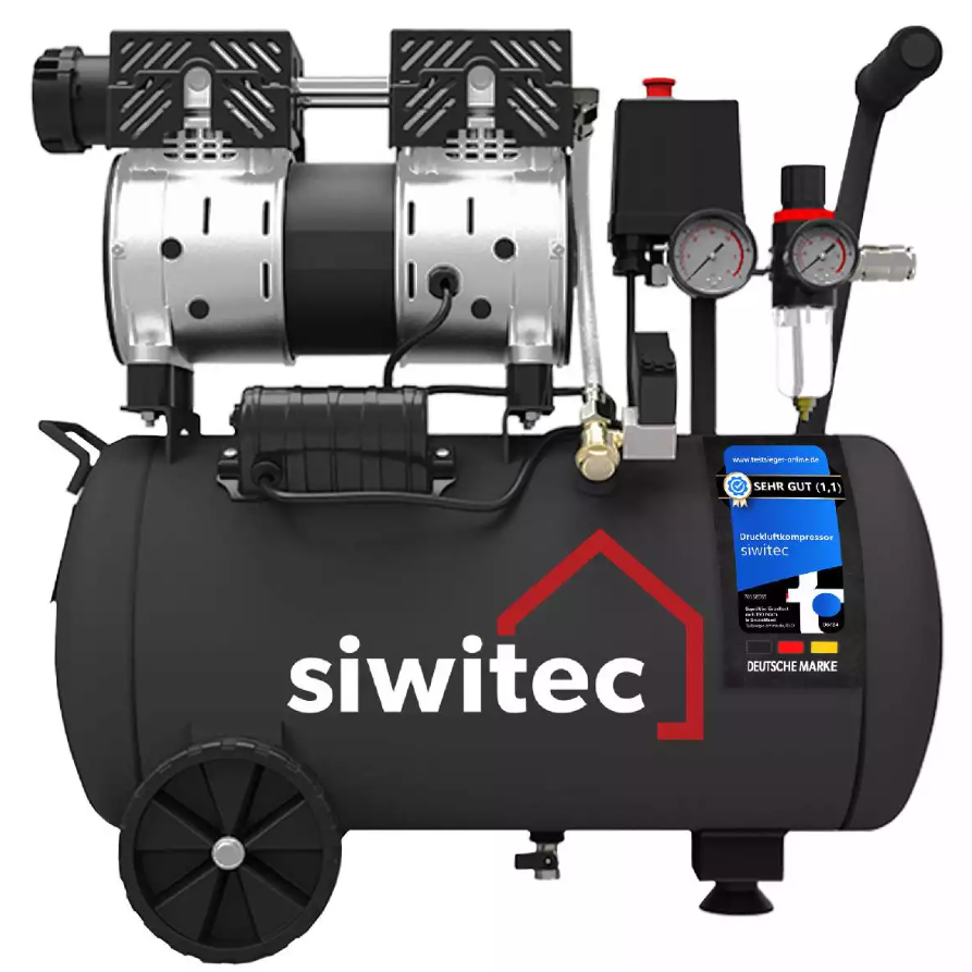 Ein schwarzer Luftkompressor mit Manometern und Schläuchen