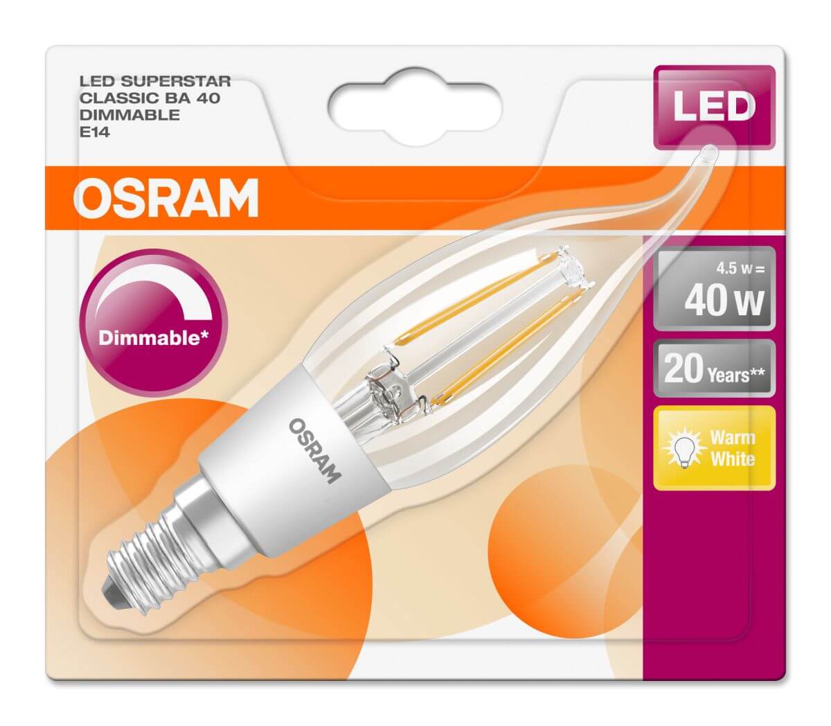 Osram LED Superstar Classic BA 40, 4,5 W, E14, Dimmbar, Warmweiß (2700K), Retrofit Filament Lampe Produktabbildung 2