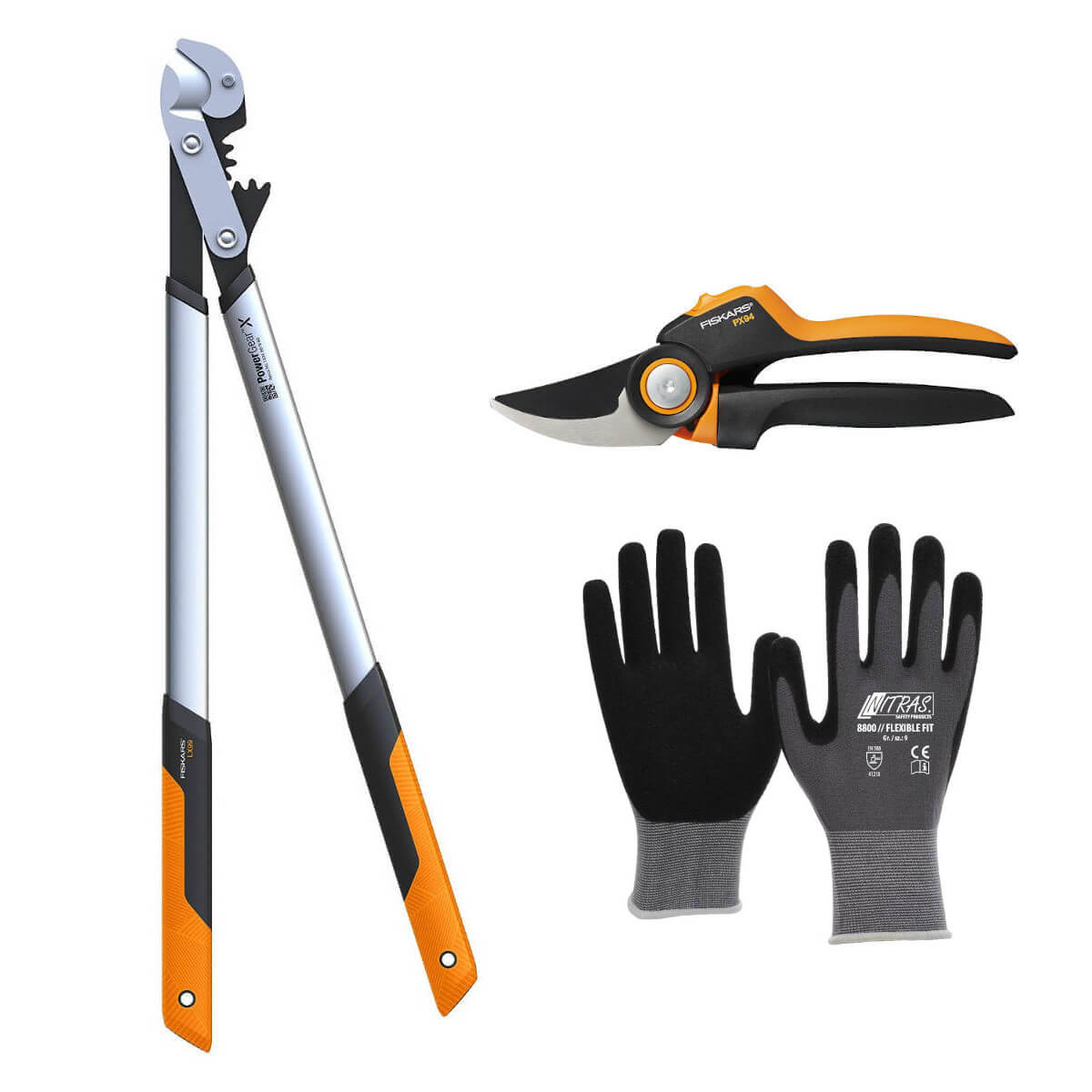 Fiskars PowerGear Gartenschere Rosenschere Bypass PX94 + Getriebeastschere Amboss LX99 L +Handschuhe Produktabbildung 1