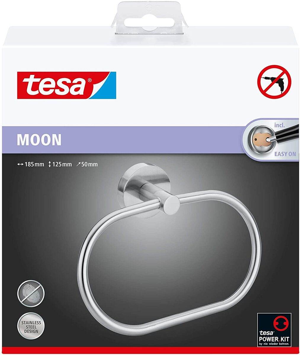 tesa MOON Handtuchring, Ohne Bohren, Edelstahloptik, inkl Klebelösung, rostfrei, belastbar bis 6kg Produktabbildung 2
