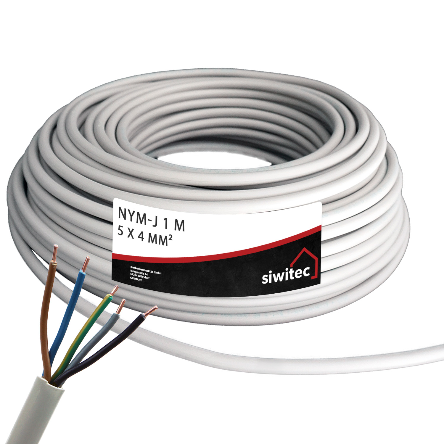 siwitec NYM-J 5x4 mm² 1 m Kabel, PVC Mantelleitung, Zuschnitt auf Wunschlänge, Feuchtraumkabel Produktabbildung