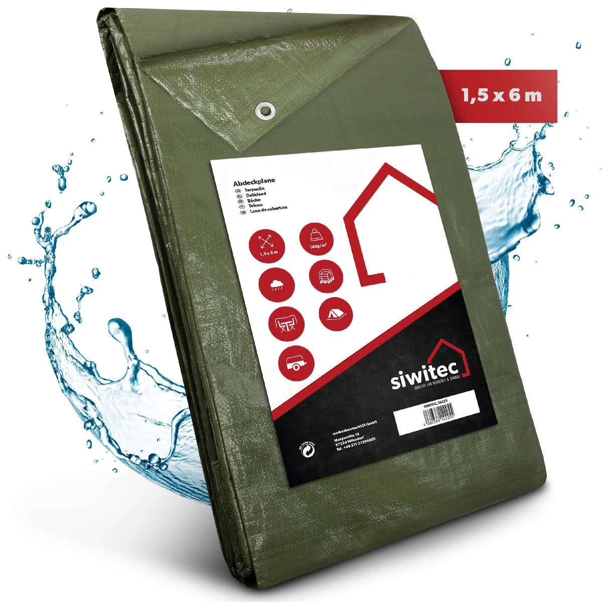 siwitec Abdeckplane 140 g pro m², Plane 1,5 x 6 m, Gewebeplane mit Ösen, wasserdicht, UV-beständig Produktabbildung
