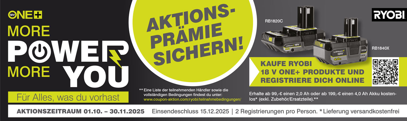 Ryobi ONE+ Aktions-Prämien - Aktionszeitraum bis 30. November