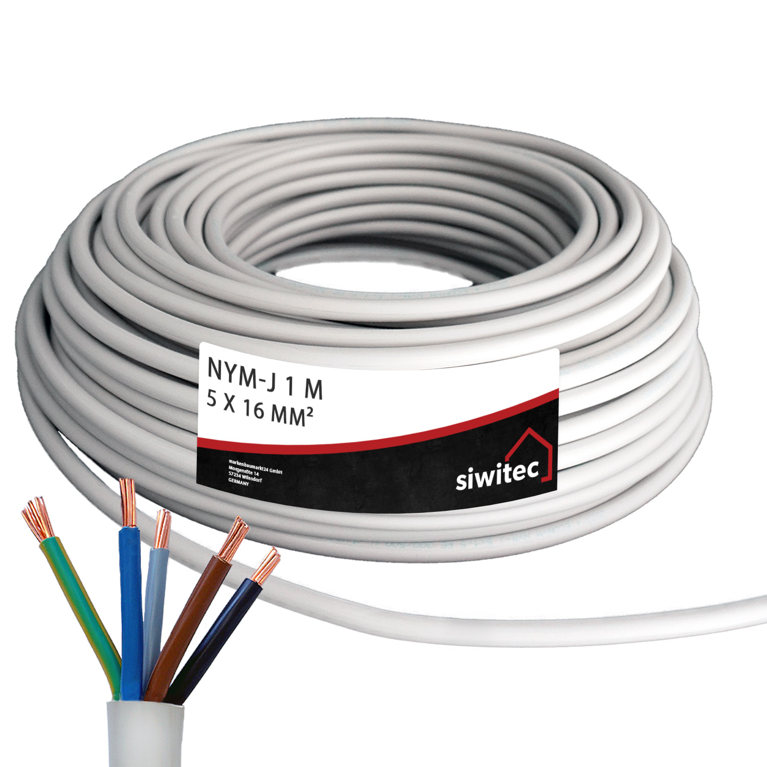 siwitec NYM-J 5 x 16mm² Kabel, 1 m, Installationskabel, Mantelleitung, Stromkabel nach Maß, grau Produktabbildung