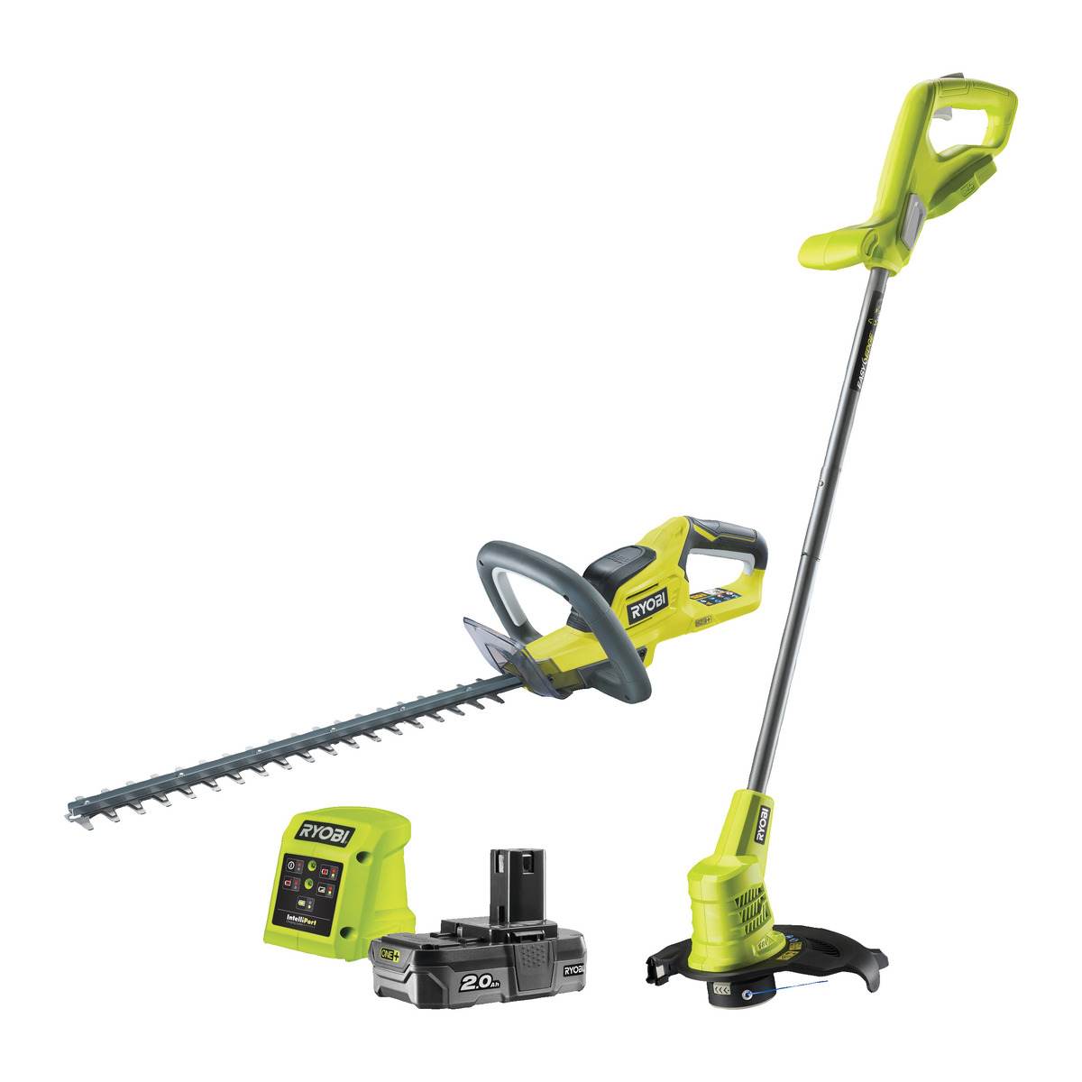 Ryobi Combo-Set ONE+ mit Rasentrimmer, Heckenschere, 2,0 Ah Akku und Ladegerät Produktabbildung