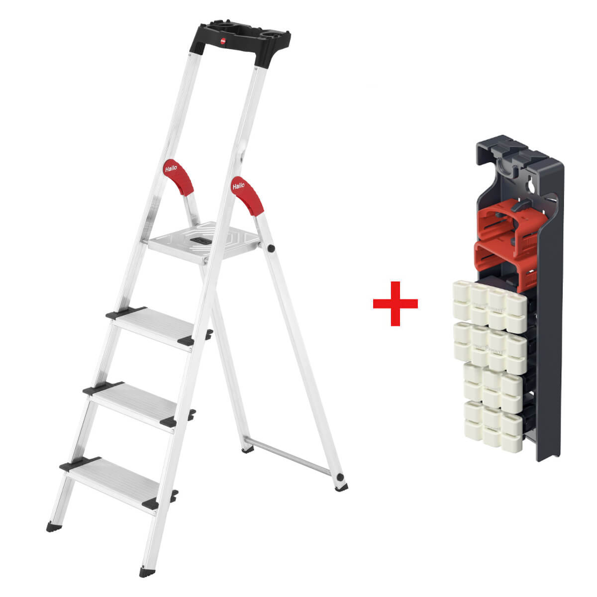 Hailo Set aus L80 Haushaltsleiter ComfortLine mit EasyClix Living Wechselfüßen, 4 Stufen Produktabbildung