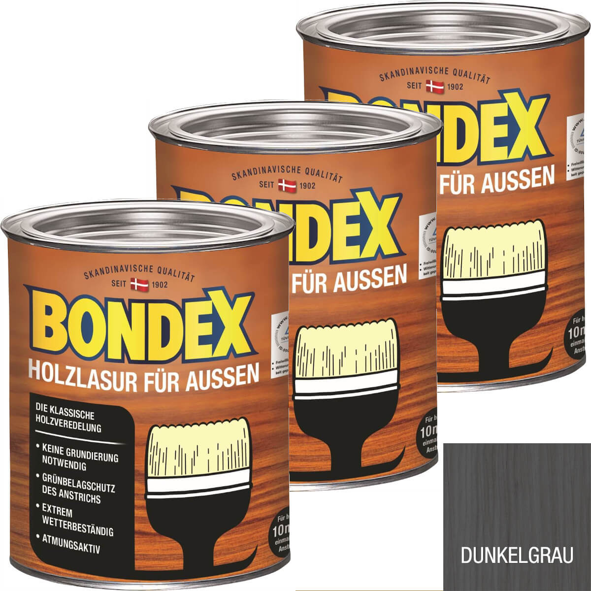 BONDEX Holzlasur für Aussen, 3er-Set, 3 x 0,75 l, Blockfest, Dunkelgrau Produktabbildung