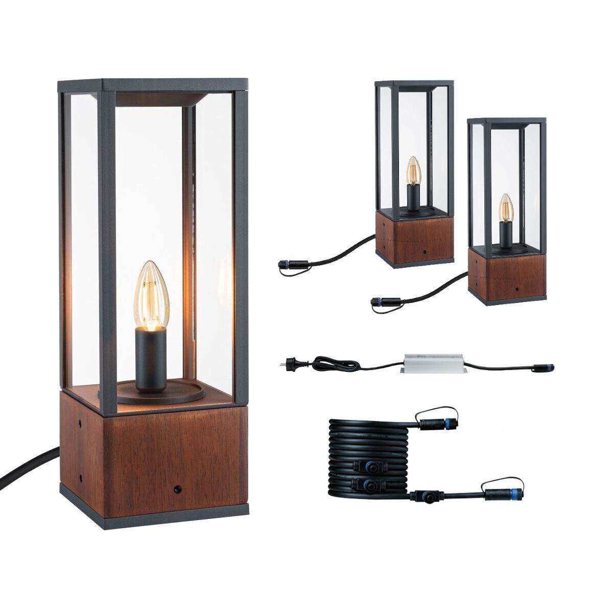 Paulmann Plug & Shine Basisset Pollerleuchte Venea, 40 cm, 24 V, IP44, Holz, Schwarz, 1900 K Gold Produktabbildung