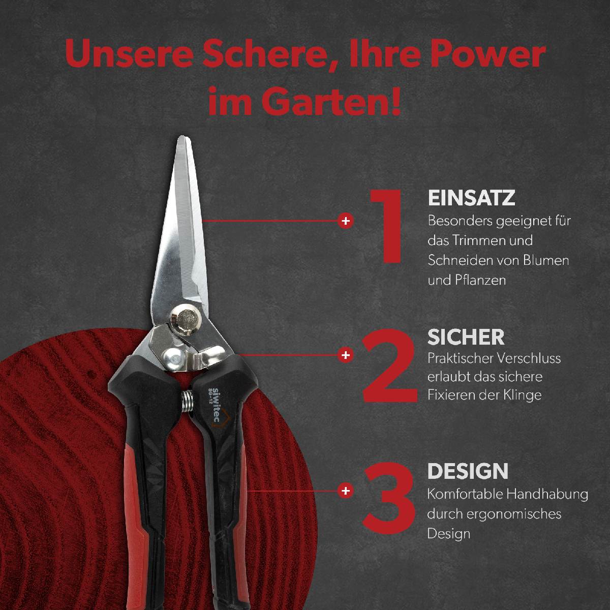 siwitec Gartenschere SG-12 mit gerader Klinge, Pflanzenschere, Blumenschere, Ernteschere, Rebschere Produktabbildung 4