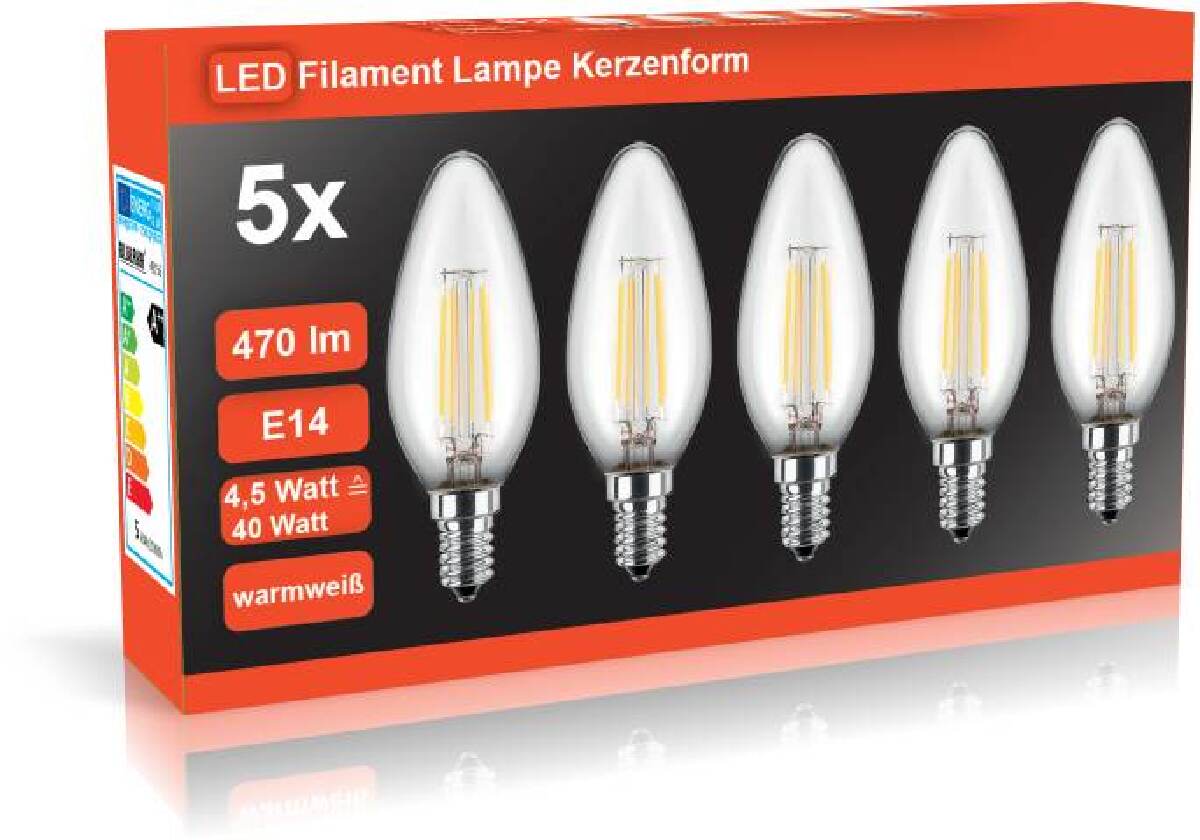 BLULAXA 5er Pack LED Filament Lampe C35, 4,5W = 40W, 470 lm, E14, 2700K, Kerze Produktabbildung