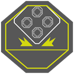 Ein graues Achteck mit fünf Sechsecken und zwei gelben Pfeilen