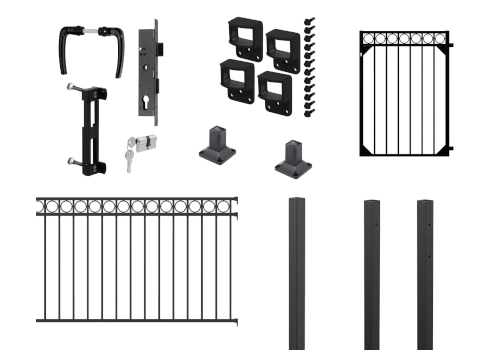 Zaun- und Torzubehör in Schwarz auf weißem Hintergrund