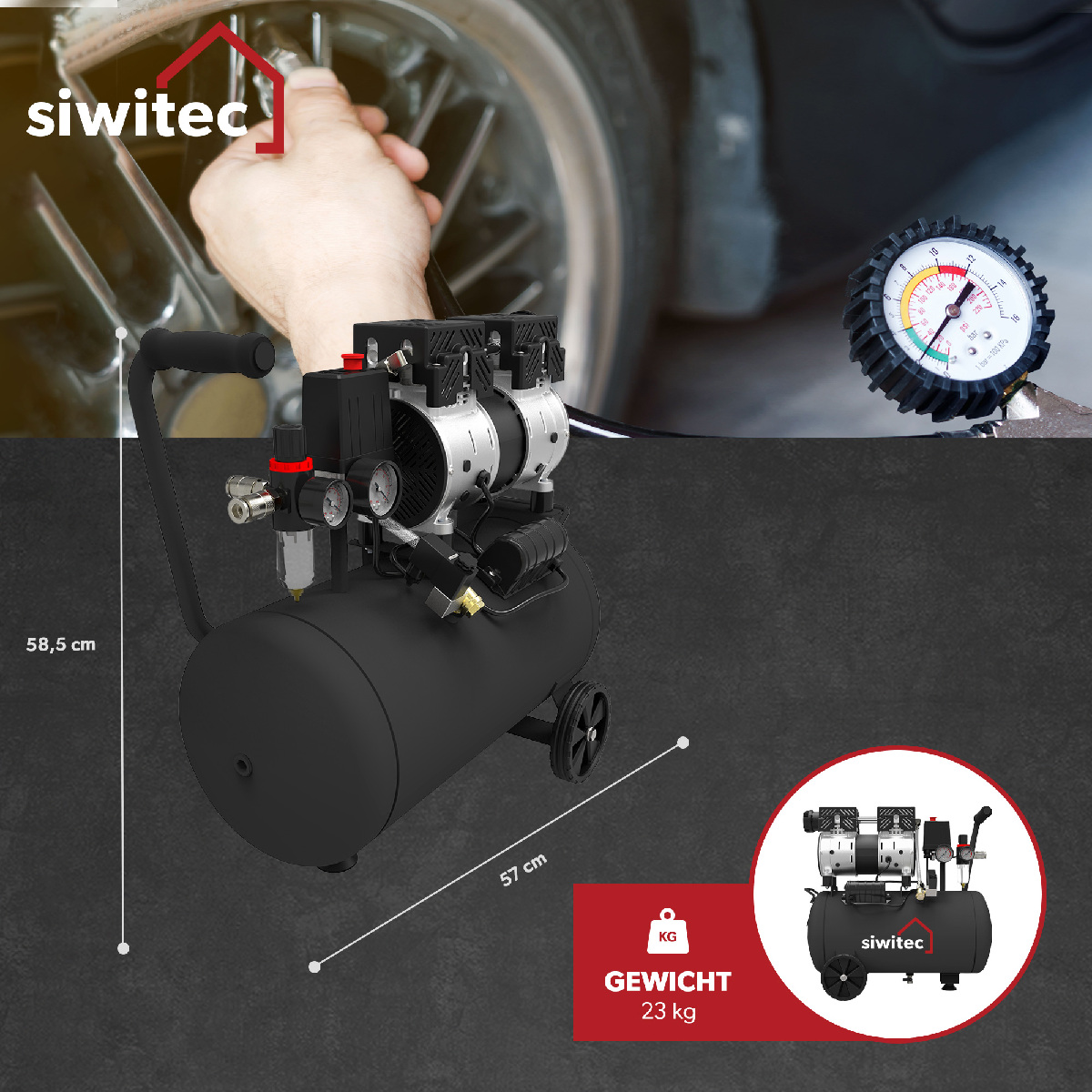 B-Ware siwitec Flüsterkompressor mit 750W, 24L Kessel, 67dB, 8bar, Druckluftkompressor, Kompressor Produktabbildung 3