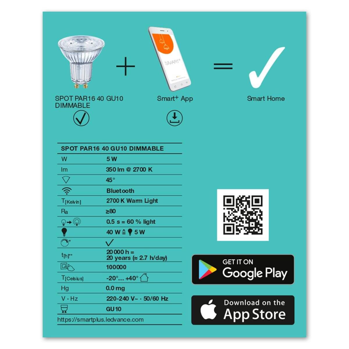 Ledvance SMART+ Bluetooth LED Spot, GU10, 5 W = 40 W, 350 lm, 2700 K, Warmweiß, Dimmbar Produktabbildung 3