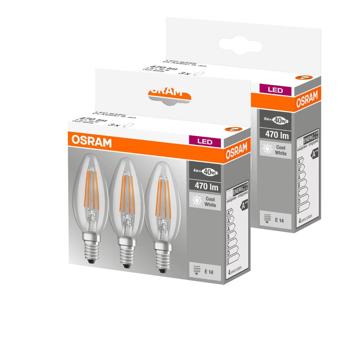 Osram 6er Pack FILAMENT LED BASE CLASSIC B 4W = 40W E14 Kerze 470lm 4000K Neutralweiß Produktabbildung 2
