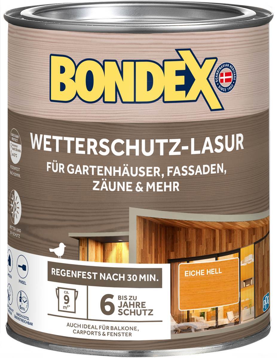 BONDEX Wetterschutz-Lasur für Aussen, Holz-Schutz, UV-Schutz, seidenmatt, Eiche Hell, 0,75 l Produktabbildung