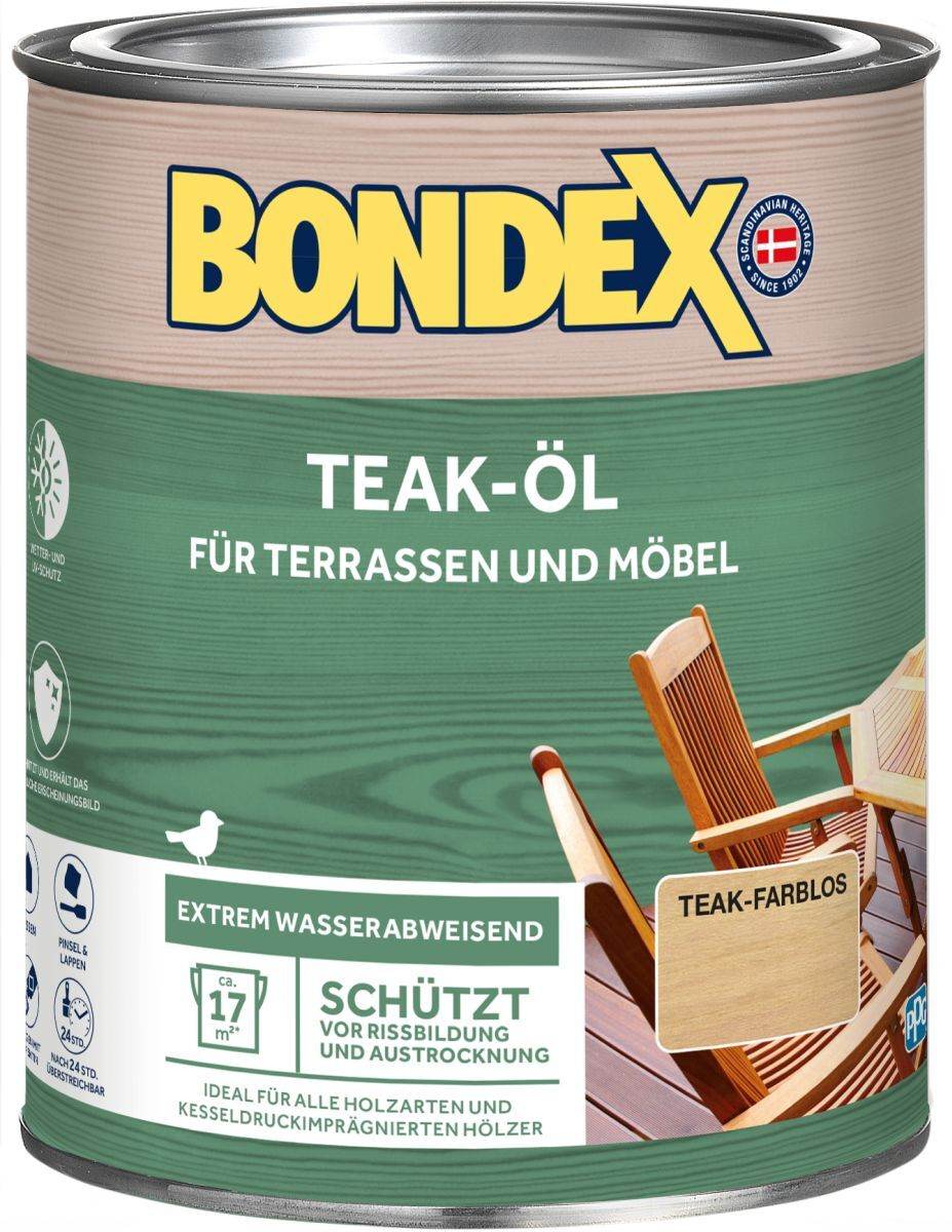 BONDEX Gartenholz Teak-Öl farblos, Wasser-stop Abperleffekt, Wetterschutz, UV-Schutz, 0,75 l Produktabbildung